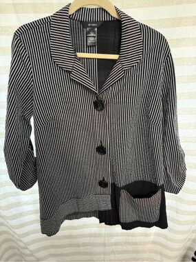 Ali Miles Black and Ivory and Red Striped Button Front Blouse Large